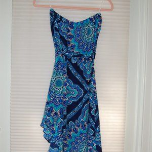 Alice and Trixie NY 100% silk  blue/pink asymmetrical paisley strapless XS